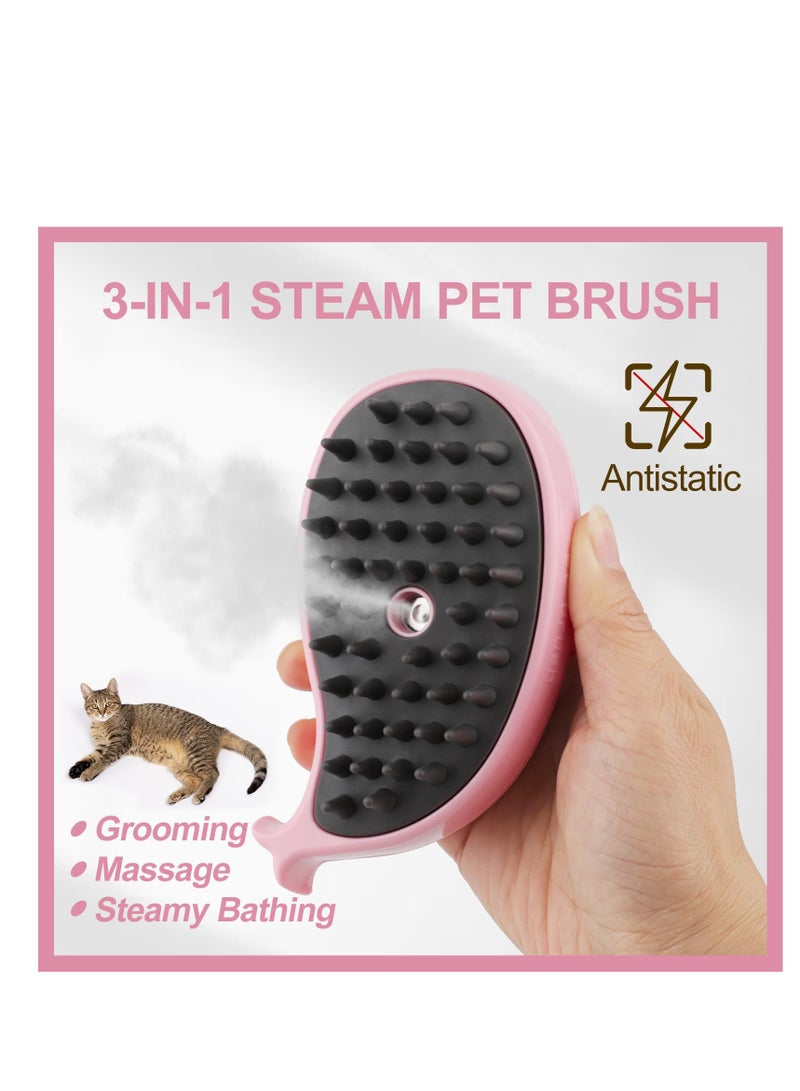 Cat Steam Brush, 3 in 1 Cat Steamy Brush, Silicone Massage Grooming Brush for Massage, Clean, Eliminate Flying and Tangled Hair, Pet Hair Self Cleaning Brush Comb for Cats Dogs, Pink Whale