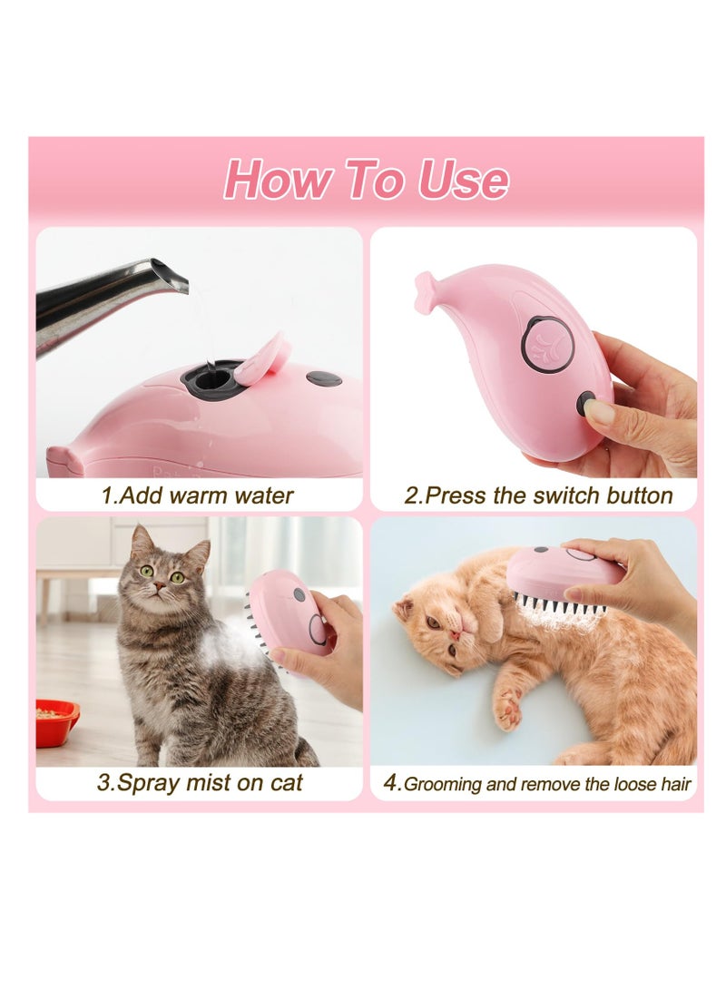 Cat Steam Brush, 3 in 1 Cat Steamy Brush, Silicone Massage Grooming Brush for Massage, Clean, Eliminate Flying and Tangled Hair, Pet Hair Self Cleaning Brush Comb for Cats Dogs, Pink Whale