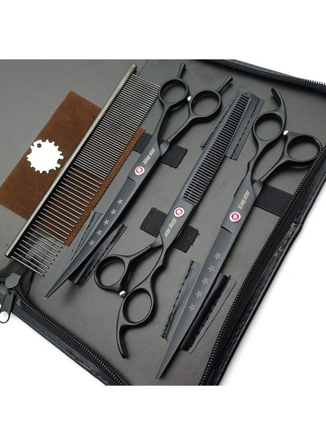 8.0In. Matt Black Professional Pet Grooming Scissors Set,Straight & Thinning & Curved Scissors Set With Comb,Dog Grooming,A559