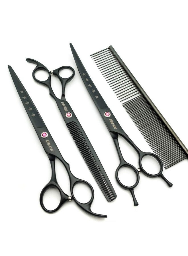 8.0In. Matt Black Professional Pet Grooming Scissors Set,Straight & Thinning & Curved Scissors Set With Comb,Dog Grooming,A559
