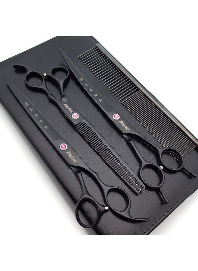 8.0In. Matt Black Professional Pet Grooming Scissors Set,Straight & Thinning & Curved Scissors Set With Comb,Dog Grooming,A559