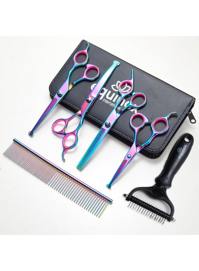 Equinox Dog Grooming Scissors & Deshedder  7 In 1 Pet Grooming Scissors Set With Undercoat Brush  Curved Dog Scissors With Safety Tips  Includes Thinning & Rounded Shears  For Dogs & Cats