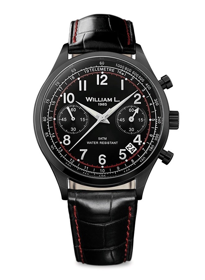 William L. 1985 Men's Vintage Style Chronograph Black Ion Plating with Black Dial and Black Croco Strap and Red Stitching Watch - WLIB01NRCNSR