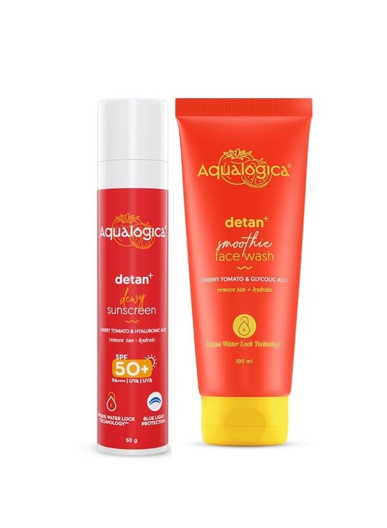 Aqualogica Detan+ Brighter Skin Combo SPF 50 - Face Wash For All Skin Types - 100G + Sunscreen - 50G, 2 Count