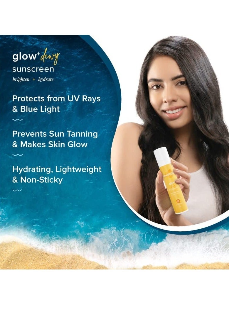 Aqualogica Glow+ Dewy Sunscreen SPF 50 PA++++ | UVA/B & Blue Light Protection for Men & Women | Oily, Dry, Sensitive & Combination Skin | Fragrance-Free | 50g