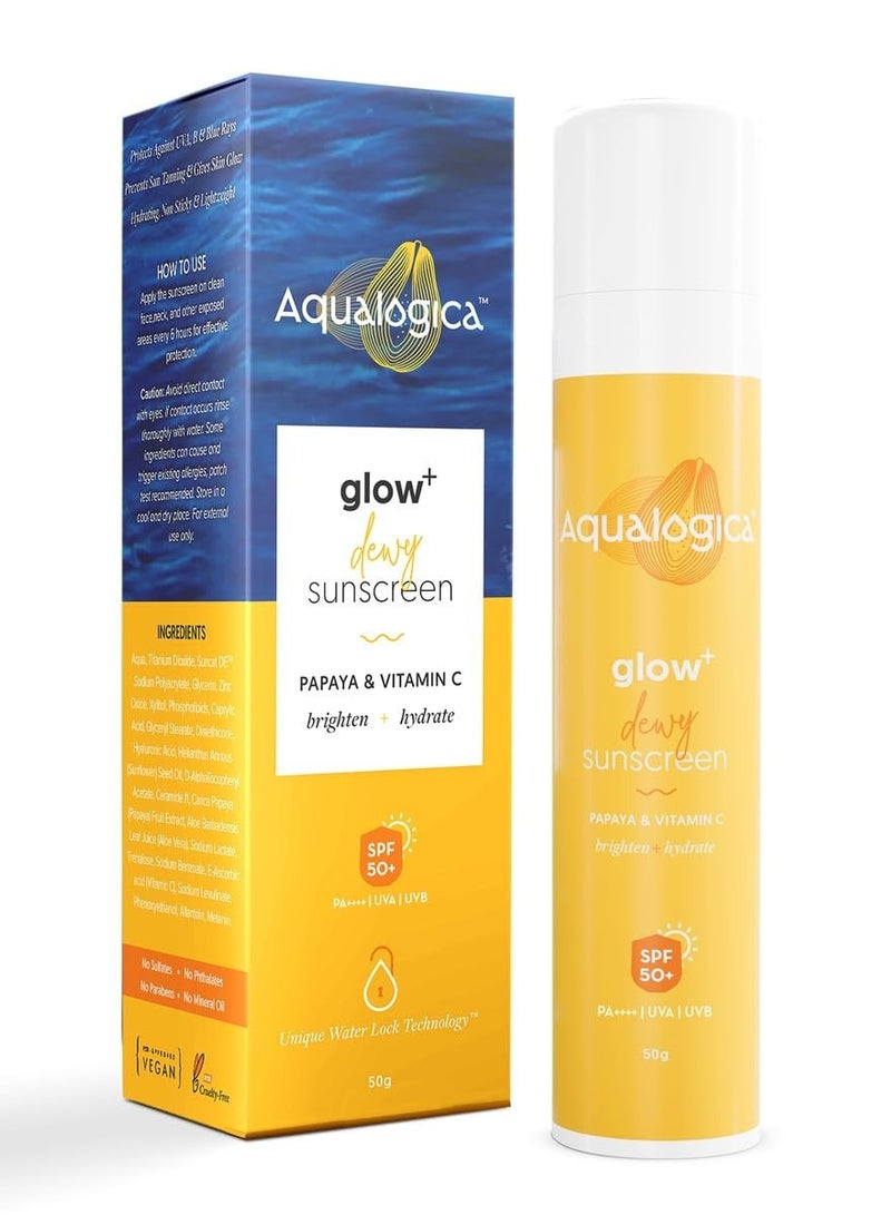 Aqualogica Glow+ Dewy Sunscreen SPF 50 PA++++ | UVA/B & Blue Light Protection for Men & Women | Oily, Dry, Sensitive & Combination Skin | Fragrance-Free | 50g