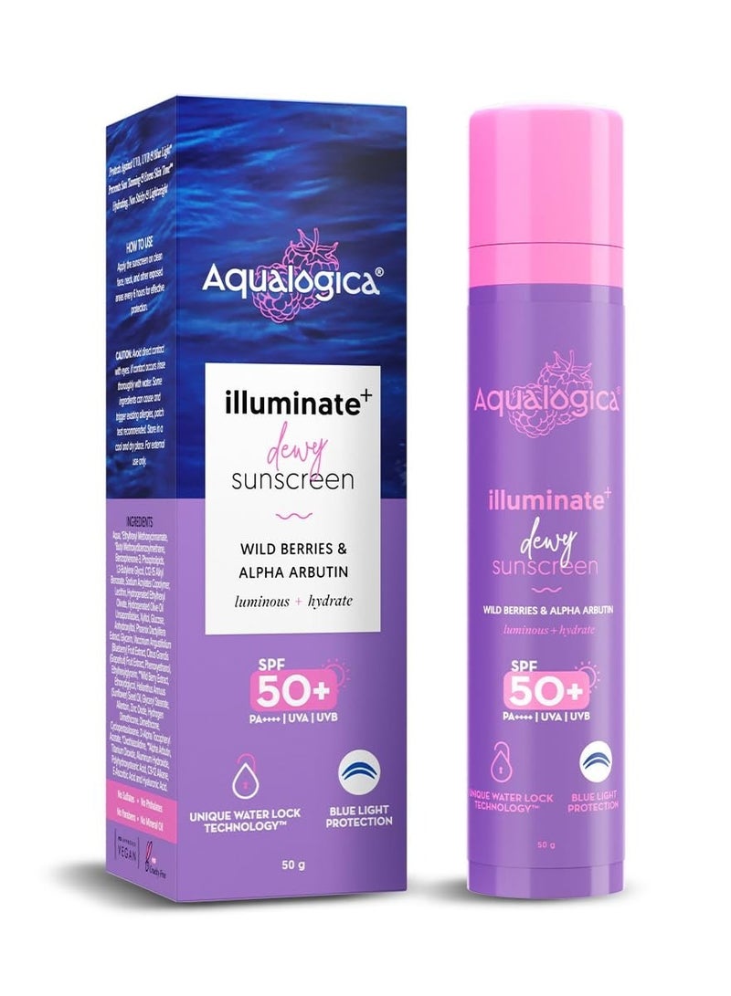 Aqualogica lluminate+ Dewy All Skin Type Sunscreen Spf 50+ Pa++++ With Wild Berries&Alpha Arbutin - 50 G Protection Against Uva/B&Blue Light Protection Fragrance-Free For Luminous&Sun Protected Skin