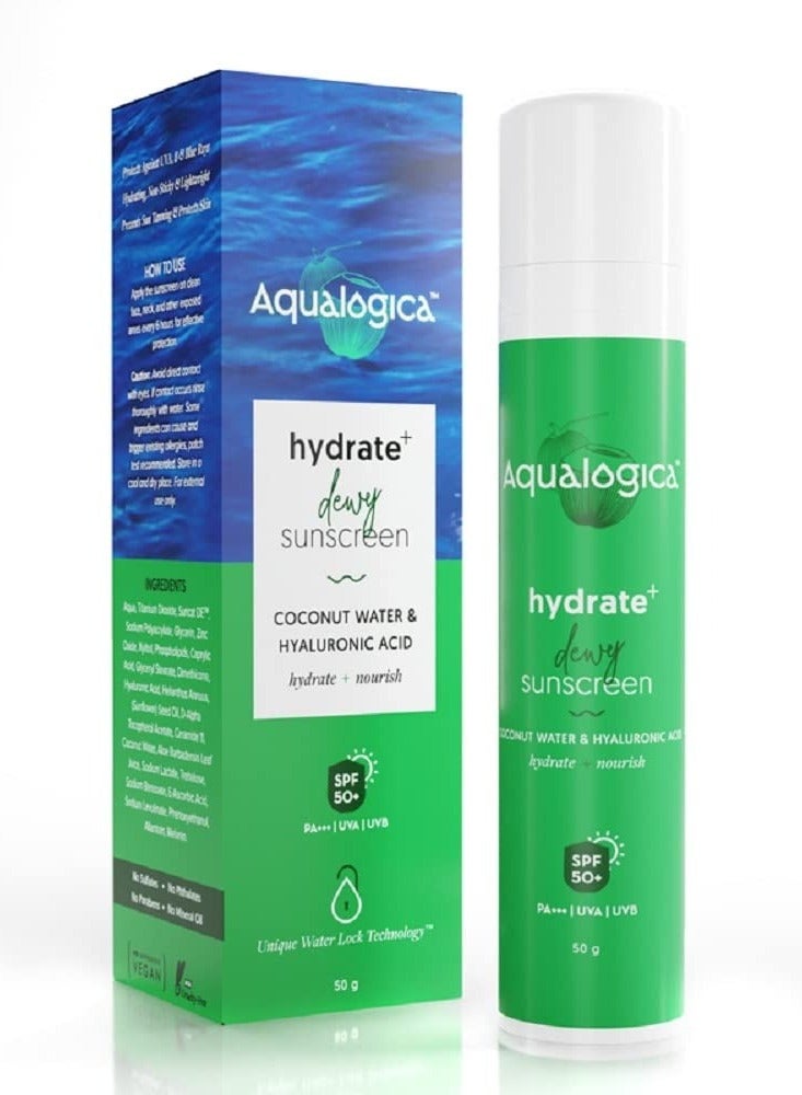 Aqualogica Hydrate+ Dewy Sunscreen SPF 50 PA+++ 50g | UVA/B & Blue Light Protection for Men & Women | For Oily, Combination & Dry Skin | Fragrance-Free