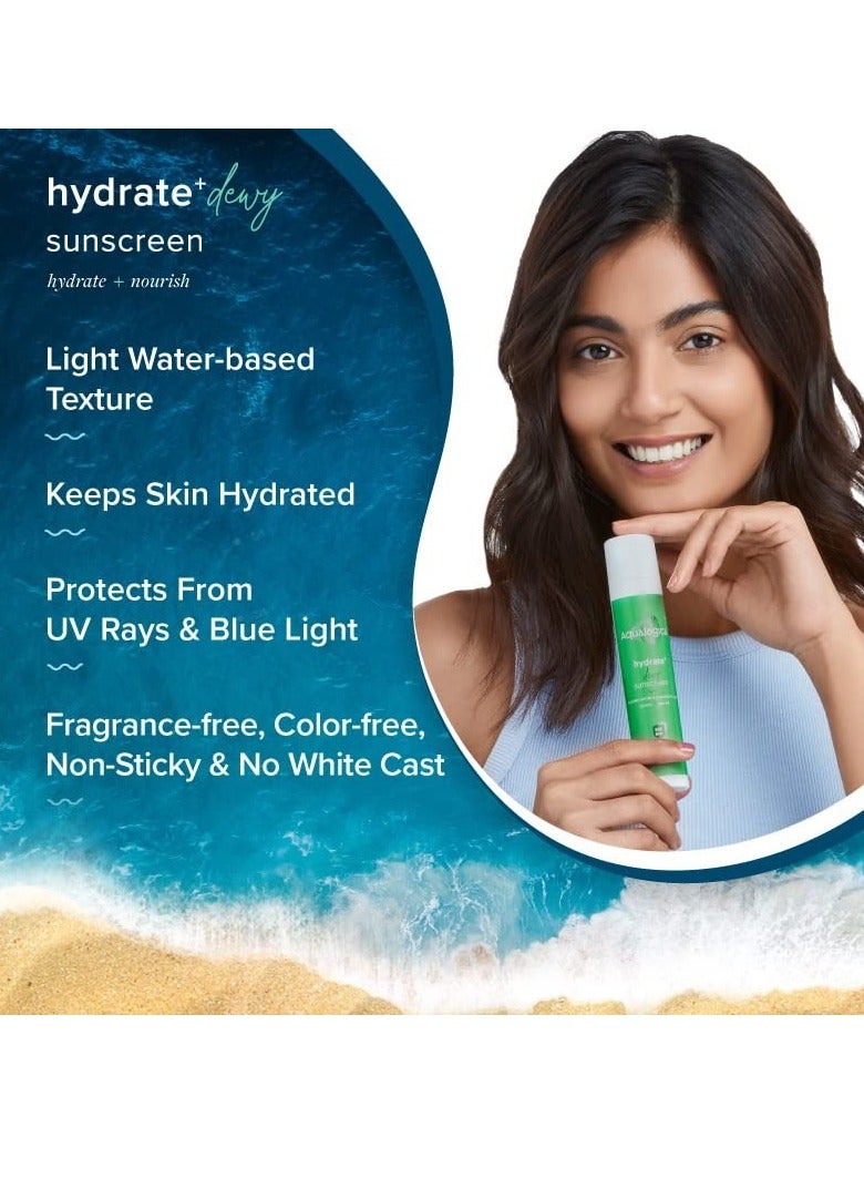 Aqualogica Hydrate+ Dewy Sunscreen SPF 50 PA+++ 50g | UVA/B & Blue Light Protection for Men & Women | For Oily, Combination & Dry Skin | Fragrance-Free