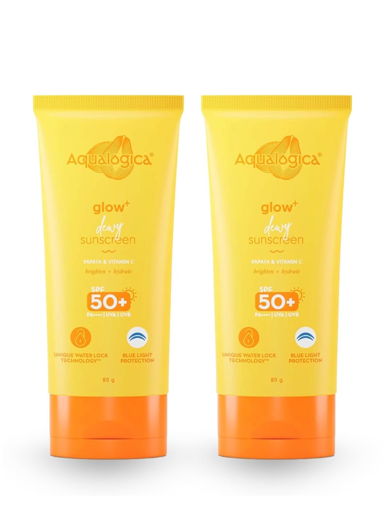 Aqualogica Glow+ Dewy Lightweight & Hydrating All Skin Type Sunscreen With Spf 50+ & Pa++++ For Uva/B & Blue Light Protection & No White Cast - 80G Pack Of 2