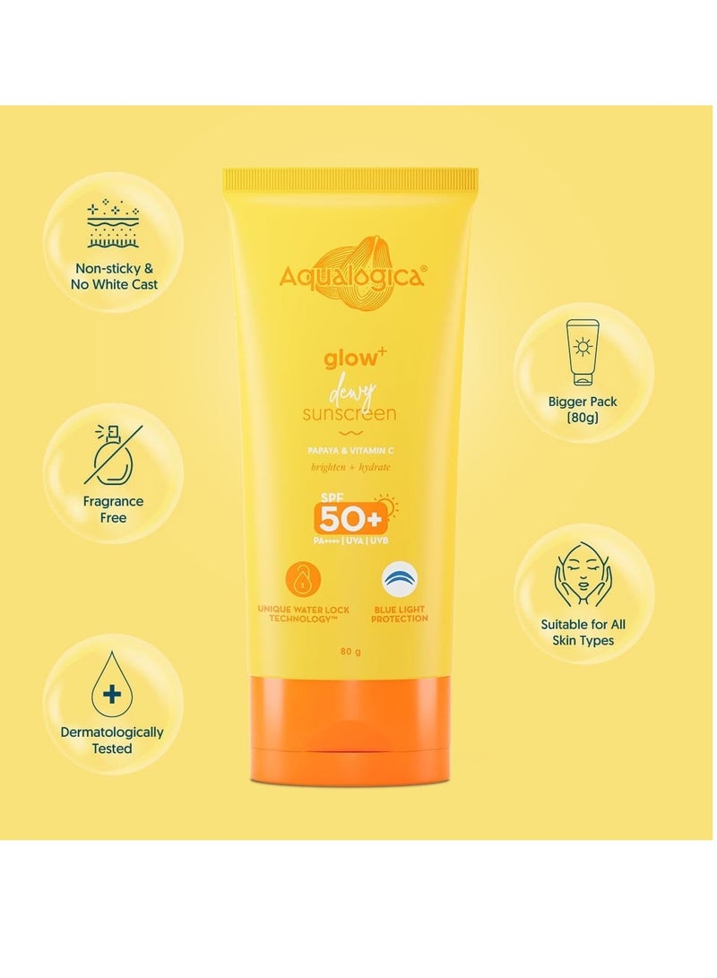 Aqualogica Glow+ Dewy Lightweight & Hydrating All Skin Type Sunscreen With Spf 50+ & Pa++++ For Uva/B & Blue Light Protection & No White Cast - 80G Pack Of 2