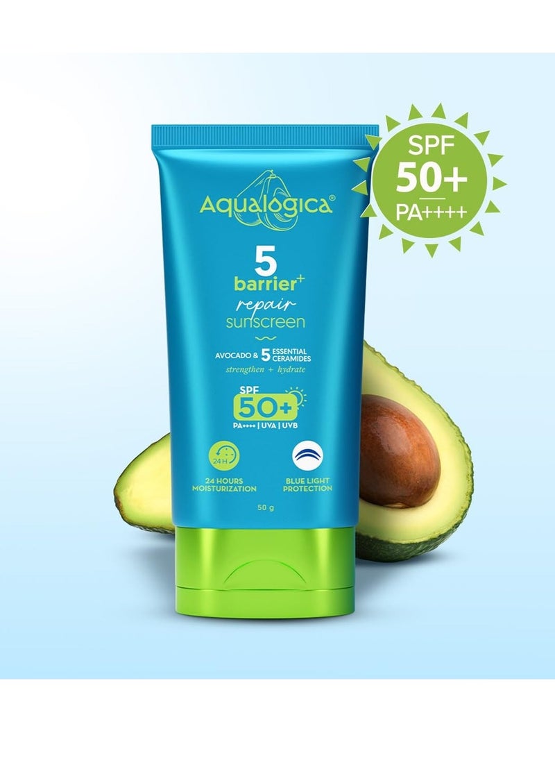 Aqualogica 5 Barrier+ Repair Sunscreen with Avocado & 5 Essential Ceramides-50 g|SPF 50 PA++++|UVA/B & Blue Light Broad Spectrum Protection|Strengthens Skin Barrier|24 Hr Moisturization|Fragrance Free