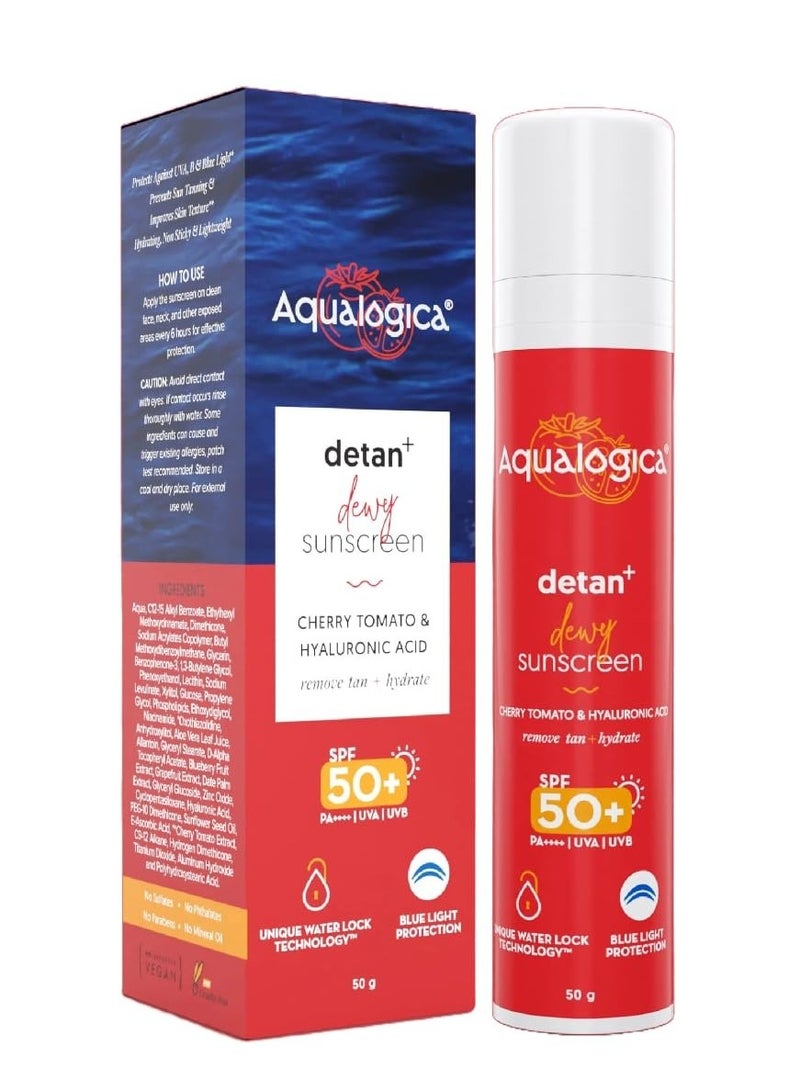 Aqualogica Detan+ Dewy Lightweight Sunscreen with SPF 50+ & PA++++ for UVA/B & Blue Light Protection | Normal, Sensitive & Dry Skin | Tan Removal & No White Cast for Men & Women - 50g