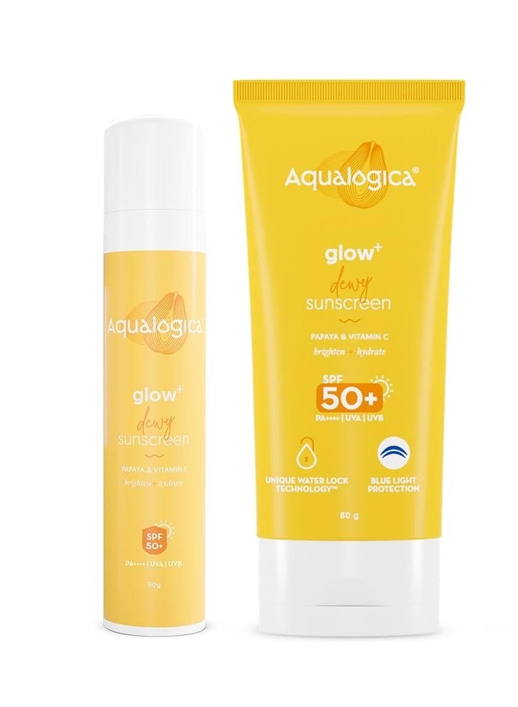 Aqualogica Glow+ Dewy Sunscreen For All Skin Types With Papaya & Vitamin C With Spf 50 & Pa++++ - 50G + 80G, Pack Of 1