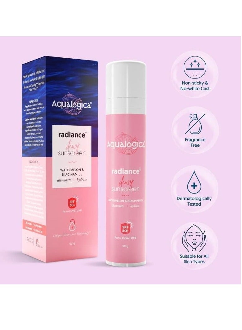 Aqualogica Radiance + Dewy Sunscreen 50 g + 5 Barrier + Hydra Gel Moisturizer with Avocado & 5 Essential Ceramides - 200 g |SPF 50+ PA+++ for UVA/B & Blue Light Protection | 24-Hour Intense Hydration