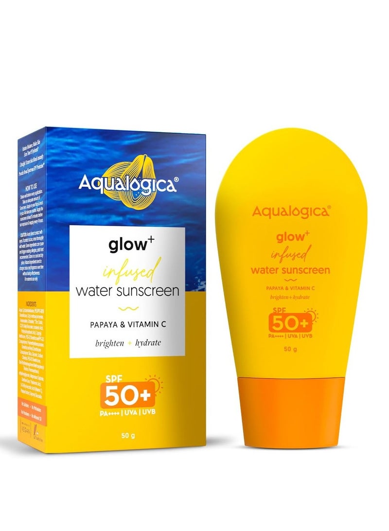 Aqualogica Glow+ nfused Water All Skin Type Sunscreen Spf 50+ Pa++++ With Papaya&Vitamin C Ultralight Water-Infused Formula Gives Glowing&Hydrated Skin Lightweight,Hydrating And No White Cast - 50G