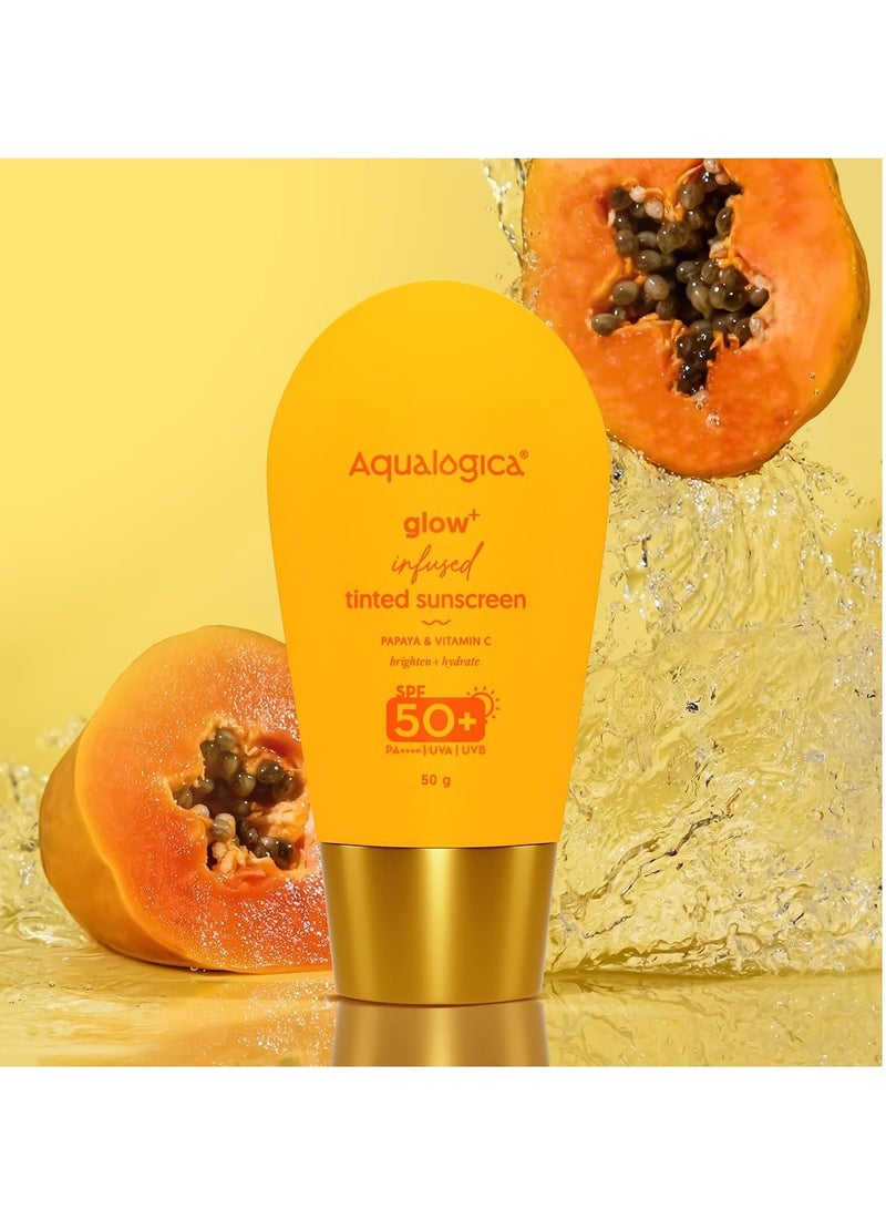 Aqualogica Glow+ Infused Tinted Sunscreen For All Skin Types Spf 50+ Pa++++ With Papaya & Vitamin C | Protection Against Uva/B | Universal Tint | For Glowing & Sun-Safe Skin | 50 Gm, Pack Of 1