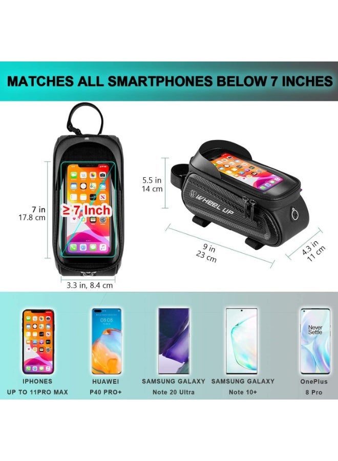 Waterproof Pouch Bike Bag Bicycle Front Handlebar Frame, Touch Screen Mobile Phone Mount Holder Basket with Storage up to 7