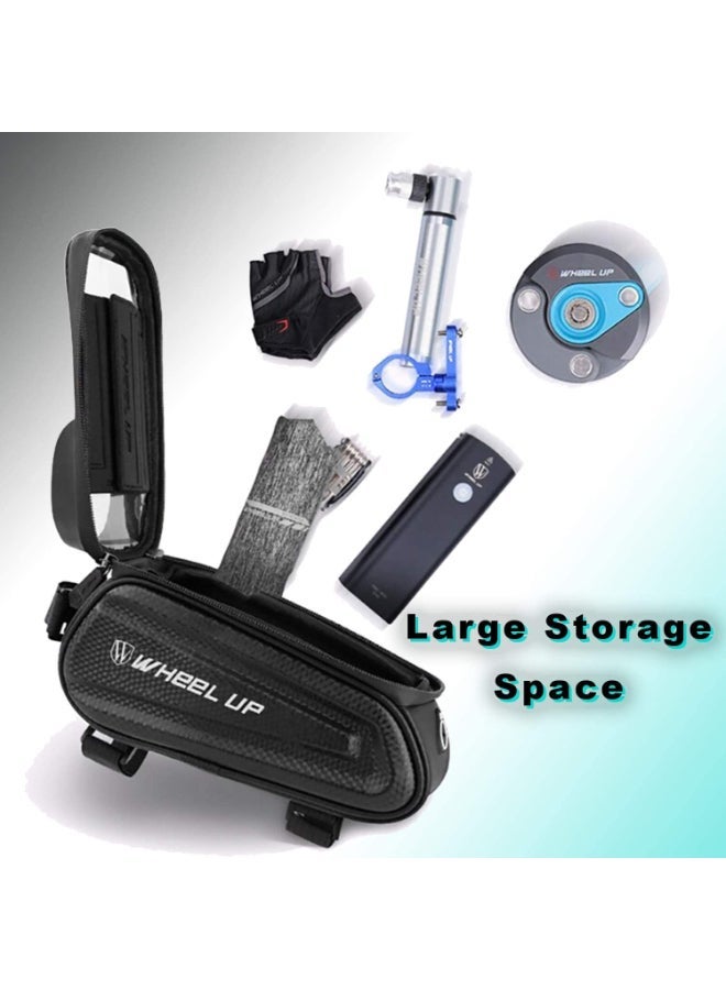 Waterproof Pouch Bike Bag Bicycle Front Handlebar Frame, Touch Screen Mobile Phone Mount Holder Basket with Storage up to 7