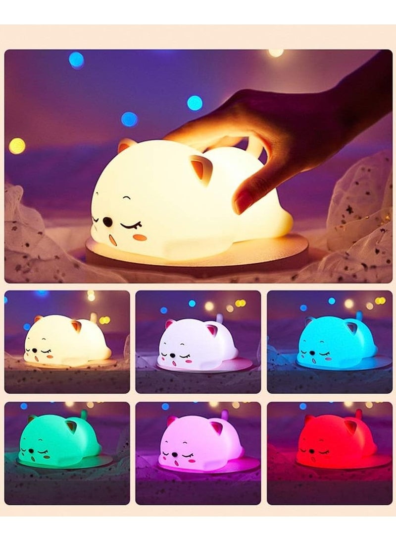 LED Cat Nursery Night Lights for Kids, Cute Animal Silicone Baby Night Light with Touch Sensor, USB Rechargeable Baby Girl Boys Gifts, Xmas Gifts for Toddler Kids