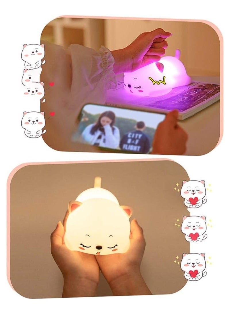 LED Cat Nursery Night Lights for Kids, Cute Animal Silicone Baby Night Light with Touch Sensor, USB Rechargeable Baby Girl Boys Gifts, Xmas Gifts for Toddler Kids