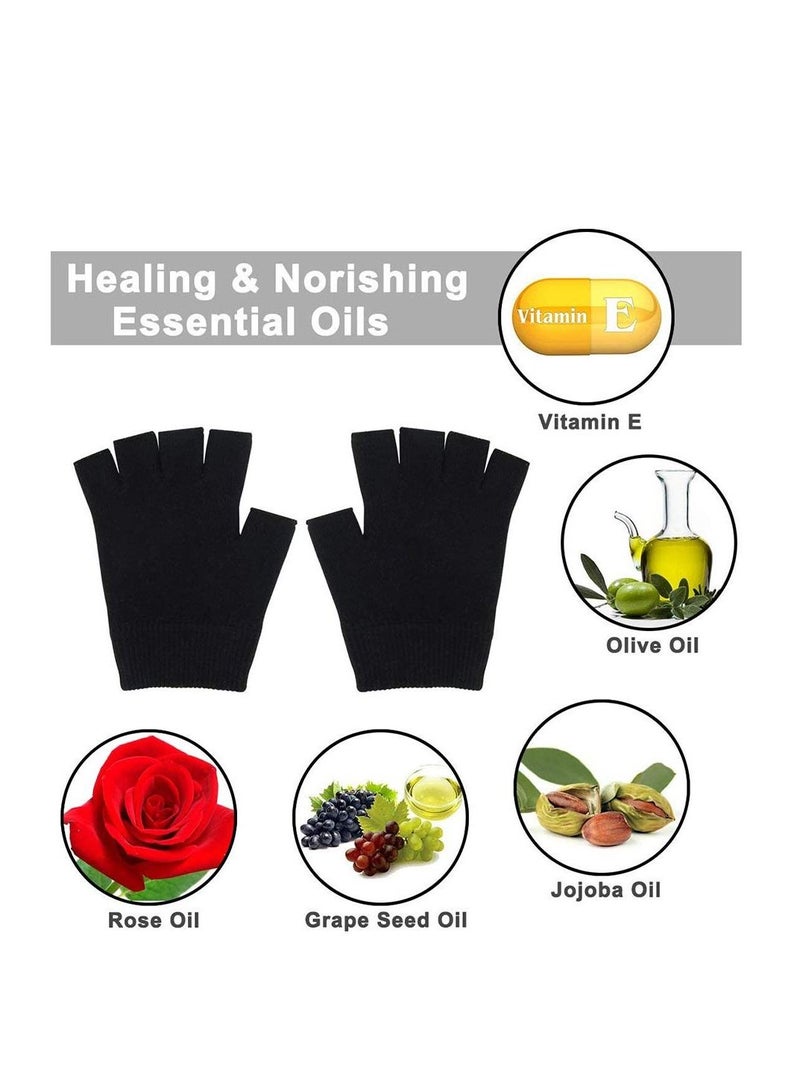 Moisturizing Spa Gloves Fingerless Black Gel Moisturizing Gloves Day Night Instantly Repair Eczema Dry Rough and Cracked Hands Thermoplastic Gel Lining with Essential Oils and Vitamins E