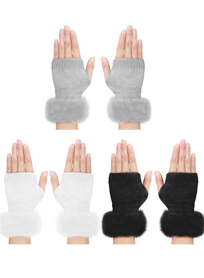 Faux Fur Fingerless Gloves, 3 Pairs Winter Knit Gloves Warm Fluffy Thumb Hole Mittens Arm Warmers for Women