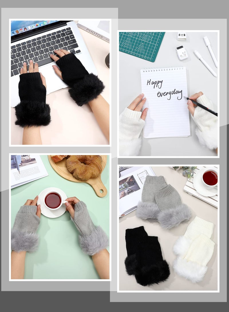 Faux Fur Fingerless Gloves, 3 Pairs Winter Knit Gloves Warm Fluffy Thumb Hole Mittens Arm Warmers for Women