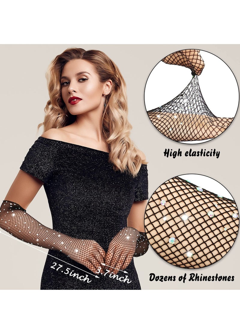 Women Rhinestone Fishnet Gloves 4 Pairs Long Glitter Mesh Arm Sleeve 80s 1920s Opera Gloves for Girls Halloween Costumes Accessories