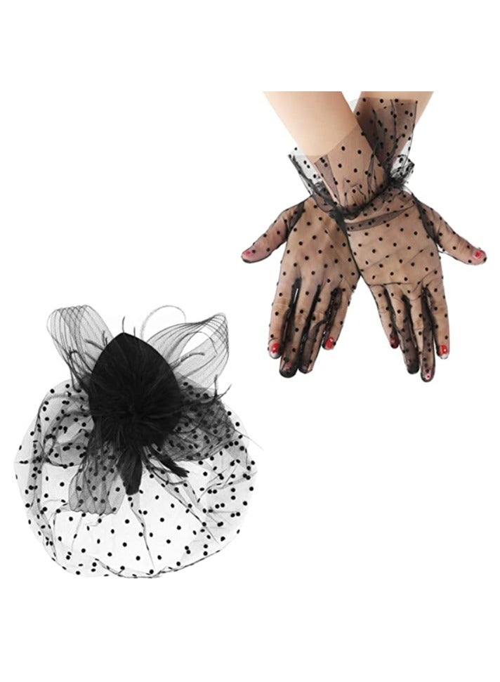 Vintage Fascinator Hat Faux Feather Mesh Net Hat Tea Party Headwear with Veil and Women Short Lace Gloves Costume Accessories for Girls and Women Wedding