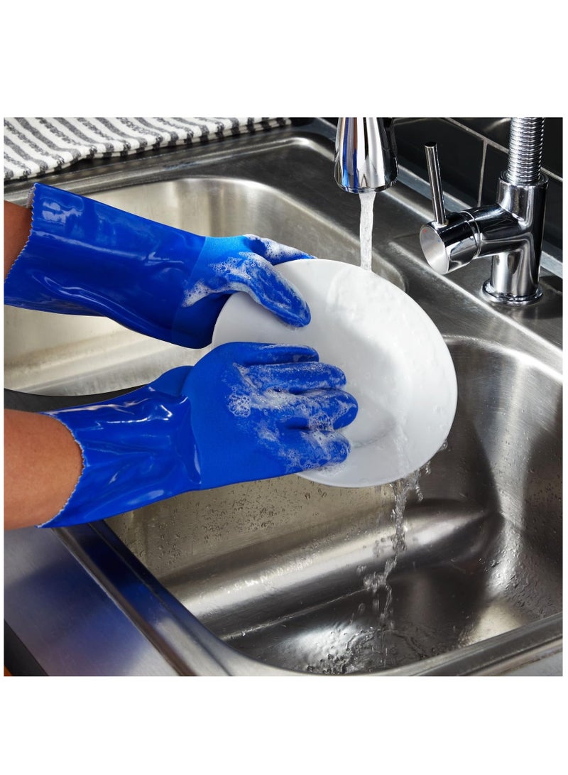 Set of 2 Blue Rubber Cleaning Gloves for Kitchen Dishwashing with Soft Cotton Lining for Comfort