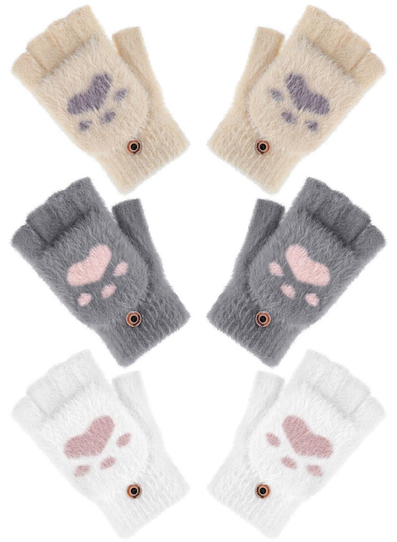 Winter Fingerless Gloves, 3 Pairs Cat Paws Cosplay Faux Fur Plush Gloves for Women, Warm Fleece Lined Knit Gloves with Elastic Cuff, Perfect for Cold Weather