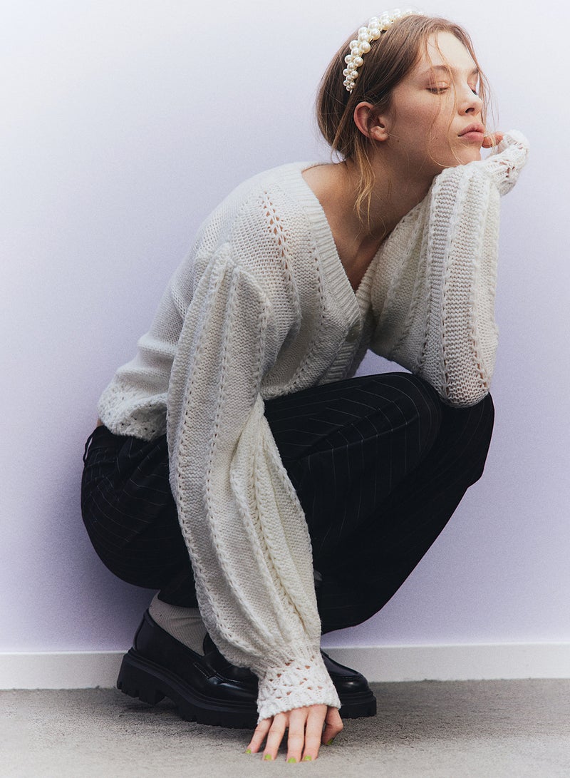 Textured-Knit Balloon-Sleeved Cardigan