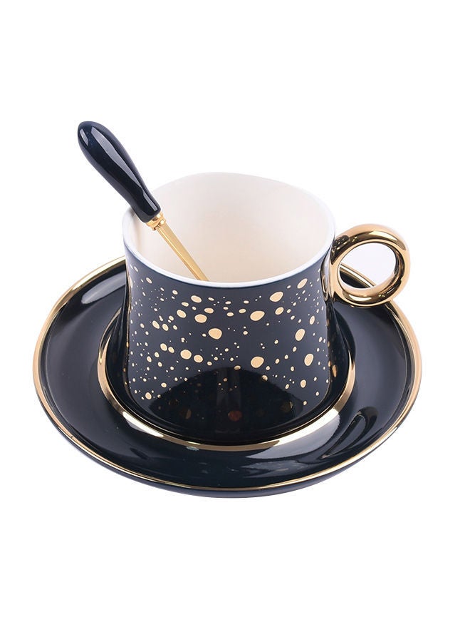 3-Piece Ceramic Tea Cup And Saucer Set With Spoon Dark Blue/Gold 240ml