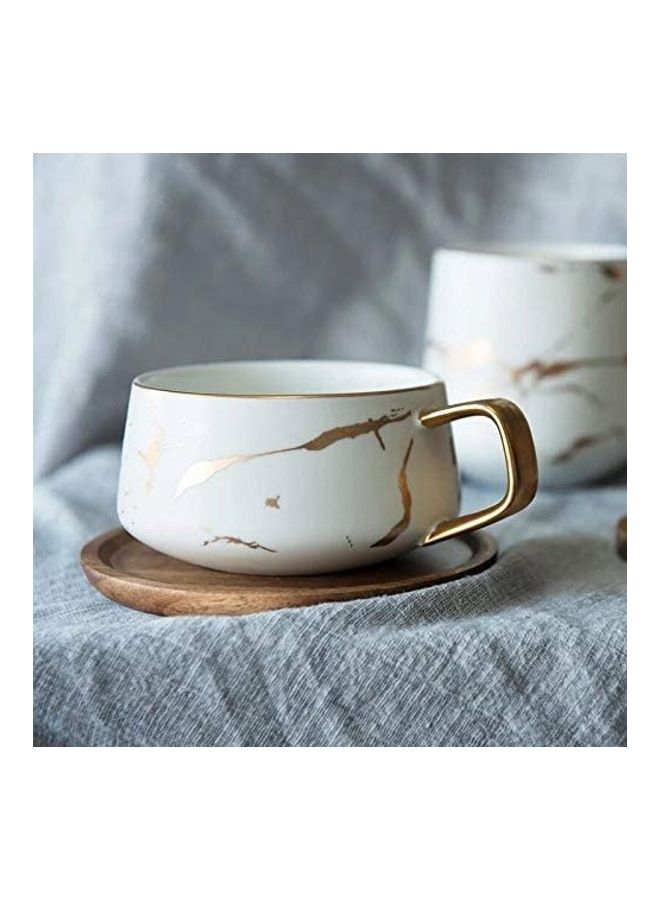 Matte Ceramic Marble Cup With Wood Saucer White/Gold