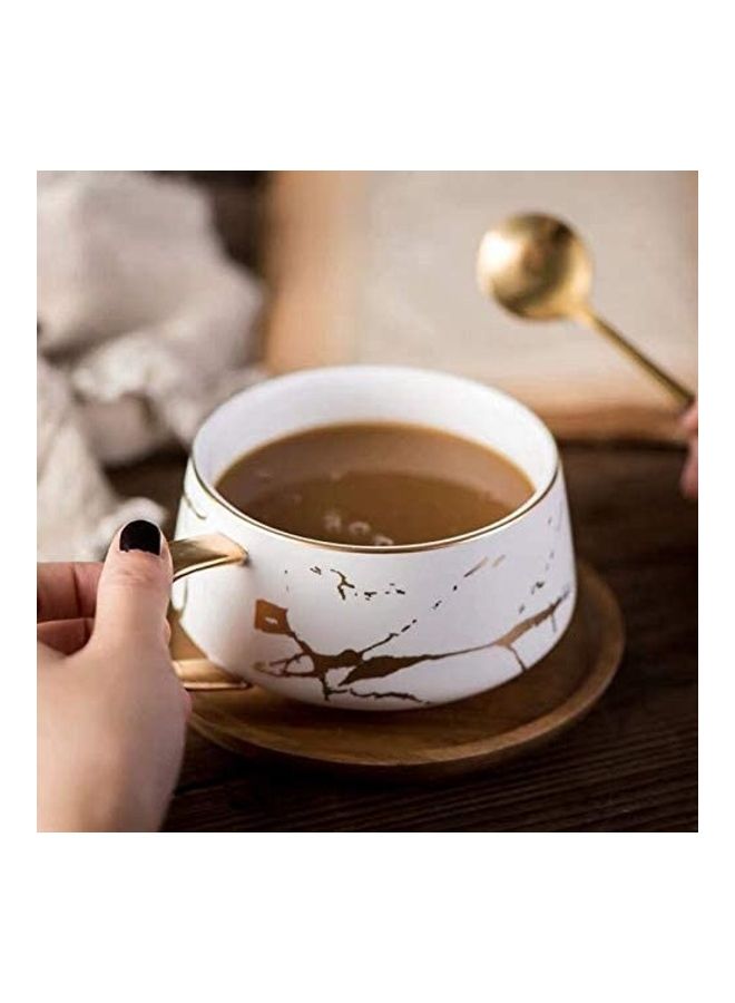 Matte Ceramic Marble Cup With Wood Saucer White/Gold