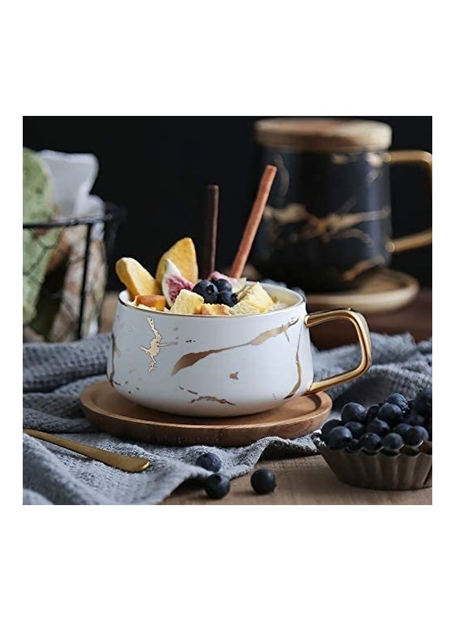 Matte Ceramic Marble Cup With Wood Saucer White/Gold