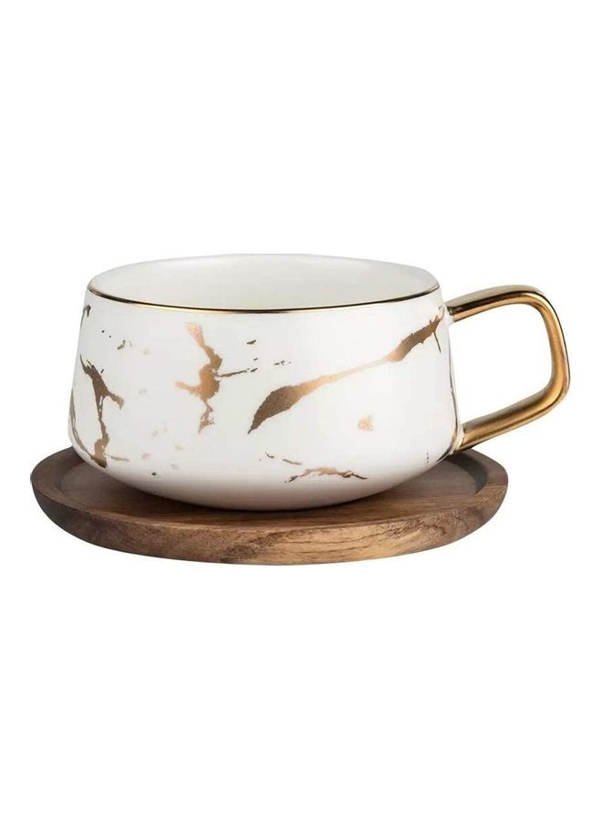Matte Ceramic Marble Cup With Wood Saucer White/Gold