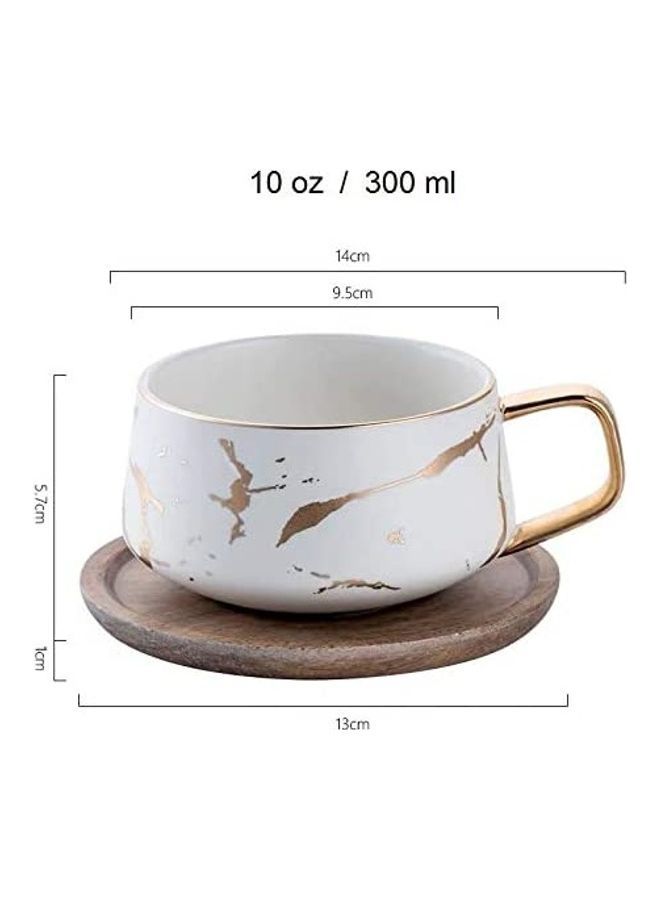 Matte Ceramic Marble Cup With Wood Saucer White/Gold