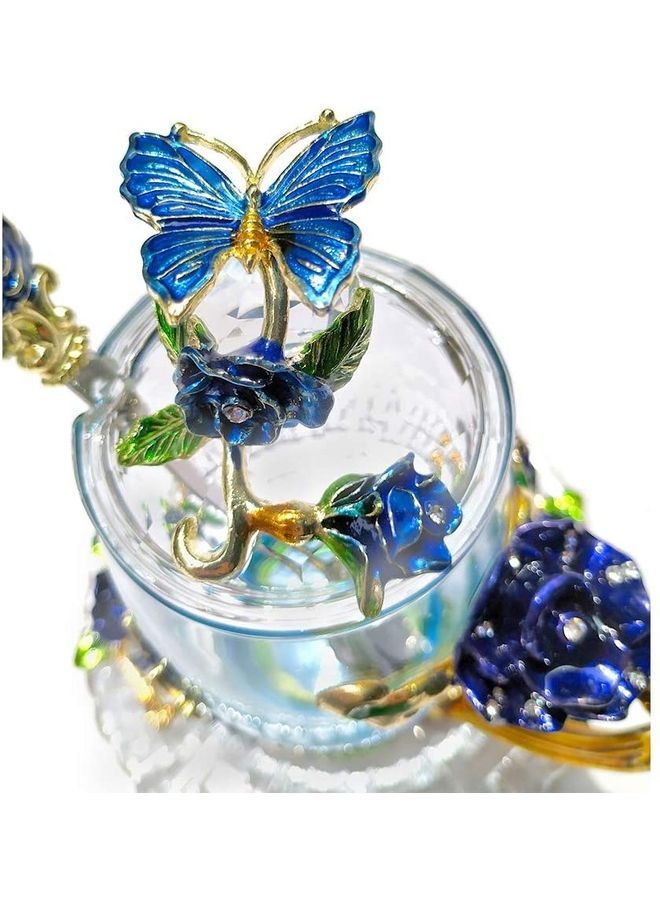 Designer Glass Cup With Lid Spoon And Saucer Multicolour