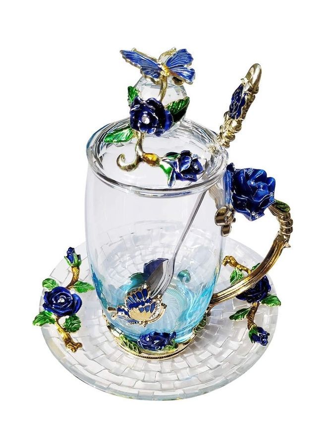 Designer Glass Cup With Lid Spoon And Saucer Multicolour