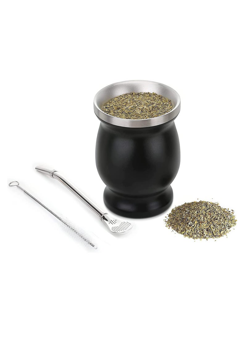 Mate Tea Cup, Stainless Steel Double Walled Mate Cup and Bombilla Set, Includes Bombilla Straw and Cleaning Brush, Easy Wash Yerba Mate Container for Yerba Mate Loose Leaf Drinking (Black)