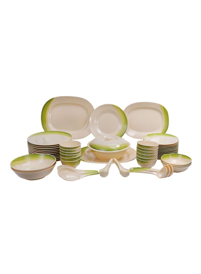 64 Piece Melamineware Dinner Set RF8101 Oval Plates Dinner Plates Dessert Plates Round Bowls Soup Bowls Rice Spoons and Spoons Beige/Green 47X29.5X29.3cm