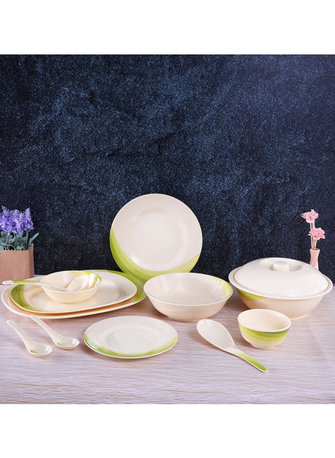 64 Piece Melamineware Dinner Set RF8101 Oval Plates Dinner Plates Dessert Plates Round Bowls Soup Bowls Rice Spoons and Spoons Beige/Green 47X29.5X29.3cm