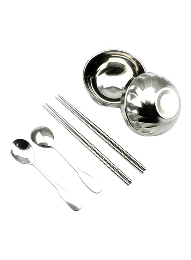 6 Piece Stainless Steel Dinnerware Set For 2 Bowls, Chopsticks And Spoons Silver Bowls 12x6 cm, 22.5 3.8x17x2 cm , Storage Bag 24x14x7.5cm