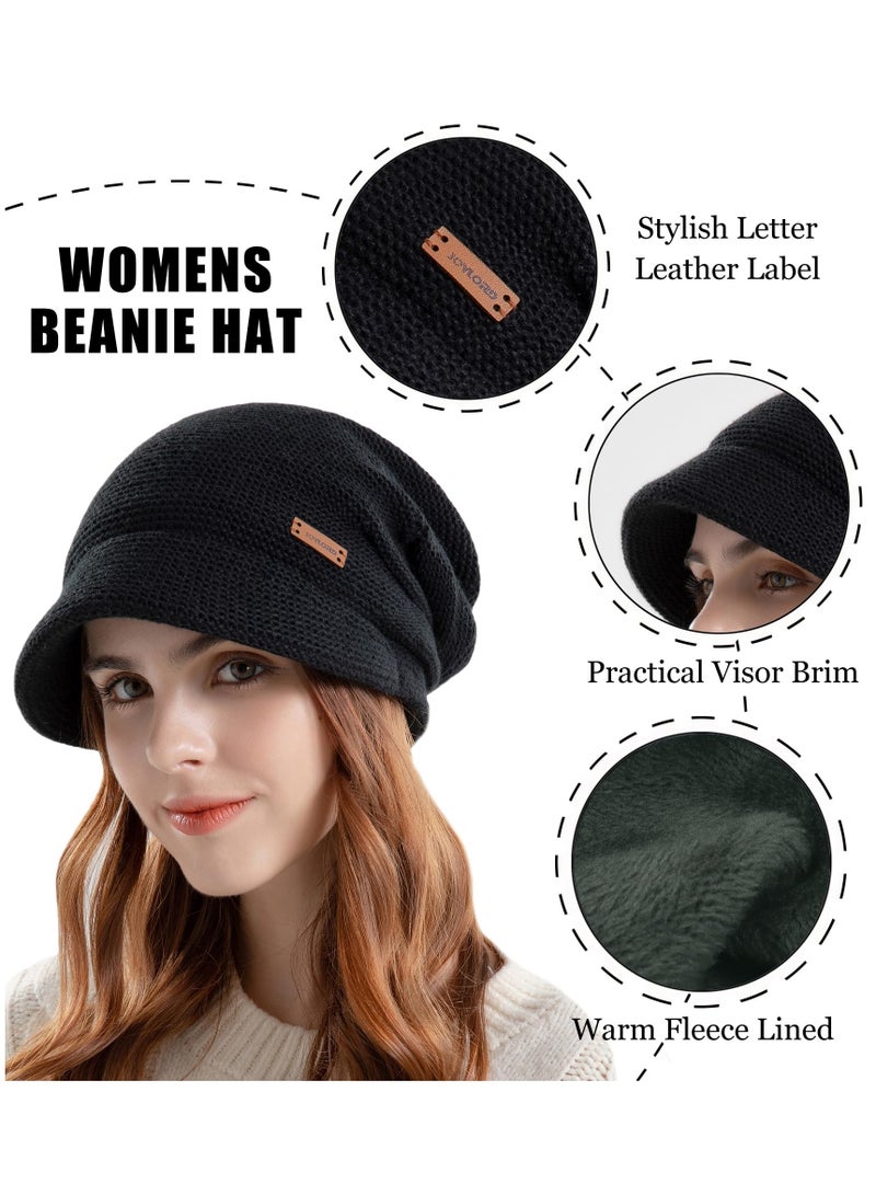 Womens Knitted Hat with Visor Brim Winter Slouchy Beanie Hat Warm Fleece Lined Skull Snow Caps Soft Stretch Warm Ski Cap Beanies