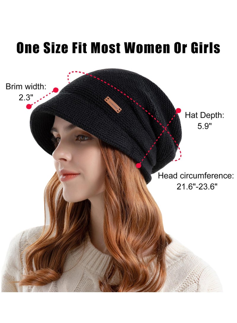 Womens Knitted Hat with Visor Brim Winter Slouchy Beanie Hat Warm Fleece Lined Skull Snow Caps Soft Stretch Warm Ski Cap Beanies