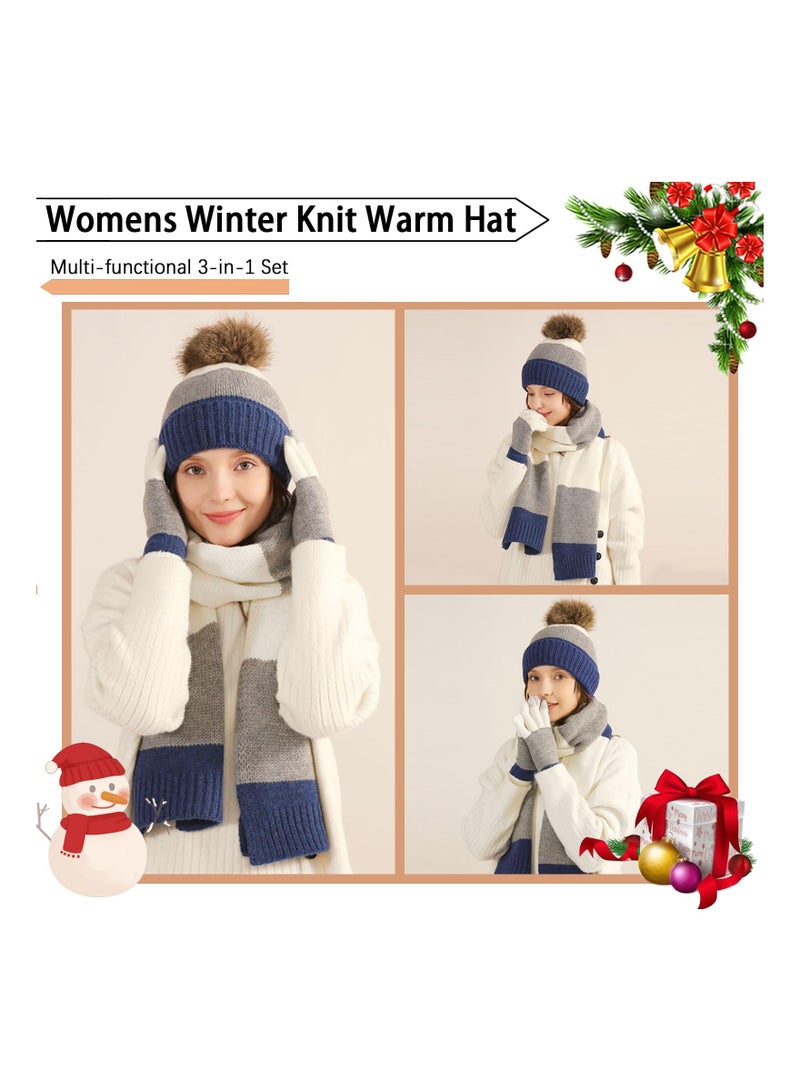 Womens Winter Warm Knit Beanie Scarf Hat Touchscreen Gloves Long Neck Scarf Set with Fleece Lined Skull Caps Warm Knitted Hat Scarves Gifts for Women