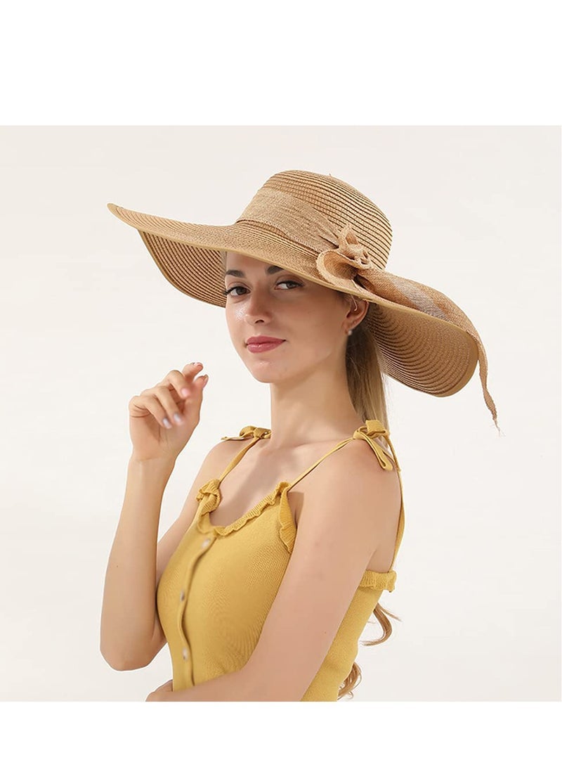 Big Bowknot Straw Hat Large Floppy Foldable Roll up Beach Cap Sun Hat Summer UV Protection Beach Cap