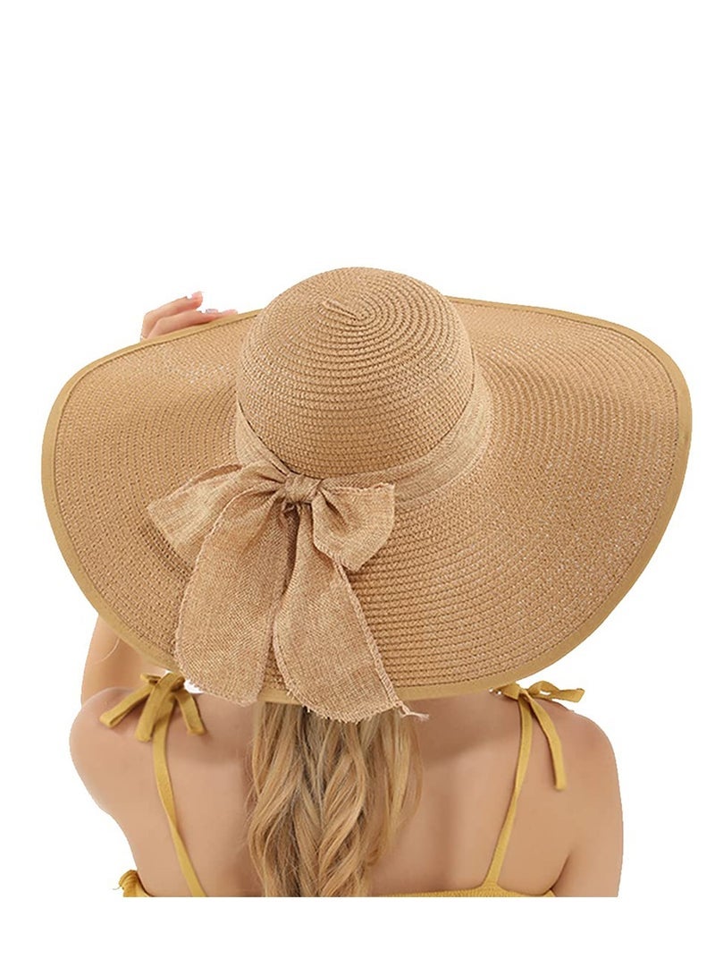 Big Bowknot Straw Hat Large Floppy Foldable Roll up Beach Cap Sun Hat Summer UV Protection Beach Cap